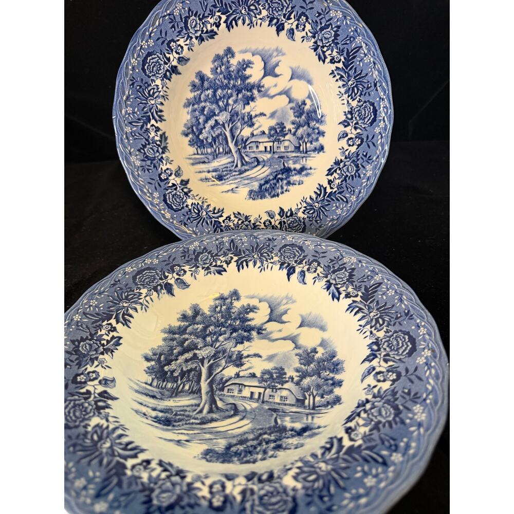 W.H. Grindley Country Style Rim Soup Bowls Set of 2 Blue 8 7/8" England